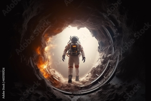 Science, sci-fi concept. Astronaut with costume looking through entrance to other planet. Astronaut base and human colonization in other planet. Generative AI