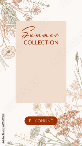 Summer vertical design with wildflowers. Hand drawn vector illustration in sketch style. Social media stories template. Meadow flowers poster. Wedding invitation