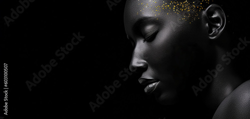 Fashion art. Beauty woman painted in black skin color body, gold makeup, lips, eyelids in gold color paint. Body art. Beauty gold metallic body, painted Skin. copy space, digital ai