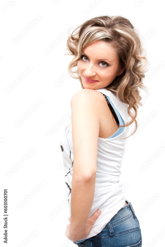 Beautiful blonde woman wearing blue jeans on white Beautiful blonde woman wearing blue jeans on white