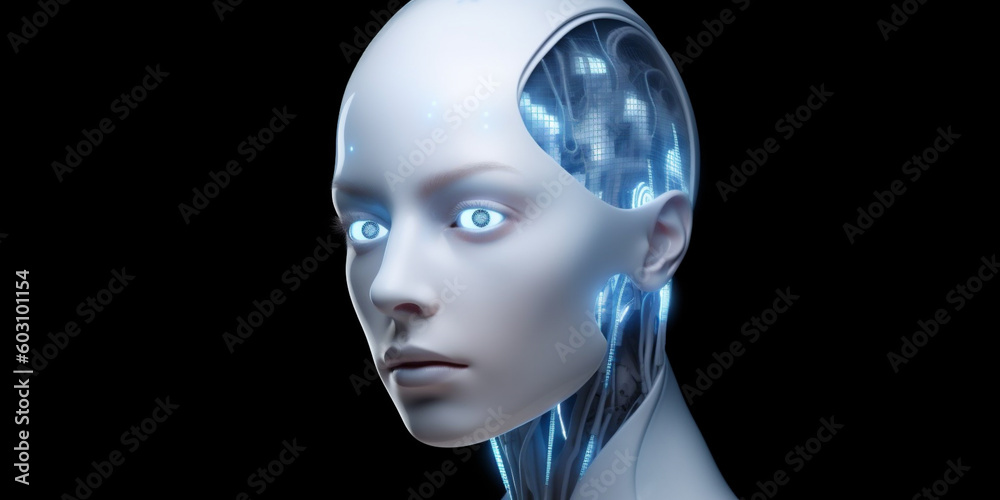 Beautiful female cyber fashion robot on the futuristic techno background. Artificial Intelligence. Quantum computer. AI Generative Beautiful female cyber fashion robot on the futuristic techno background. Artificial Intelligence. Quantum computer. AI Generative