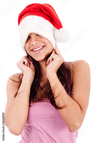 beautiful young women embrassing wearing santa's hat isolated on white backround photo