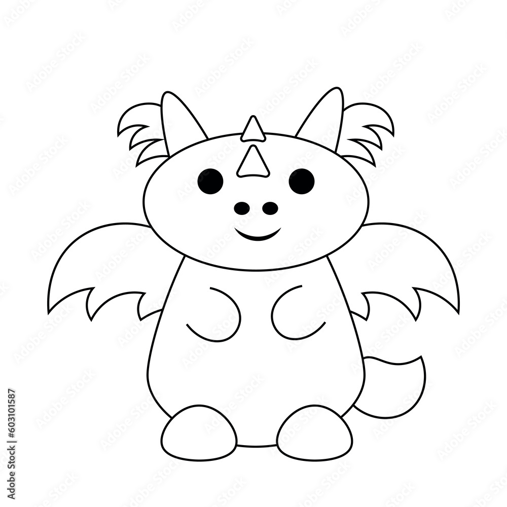 Fototapeta premium Cute cartoon dragon with wings in black and white