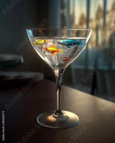 A martini glass with small colorful fishes in water. Dark blurry background. Minimal surreal concept for summer holidays vibes. No people. Illustration. Generative AI