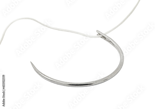 Canvastavla Surgical curved needle with thread close-up, suture material, isolated on transparent background