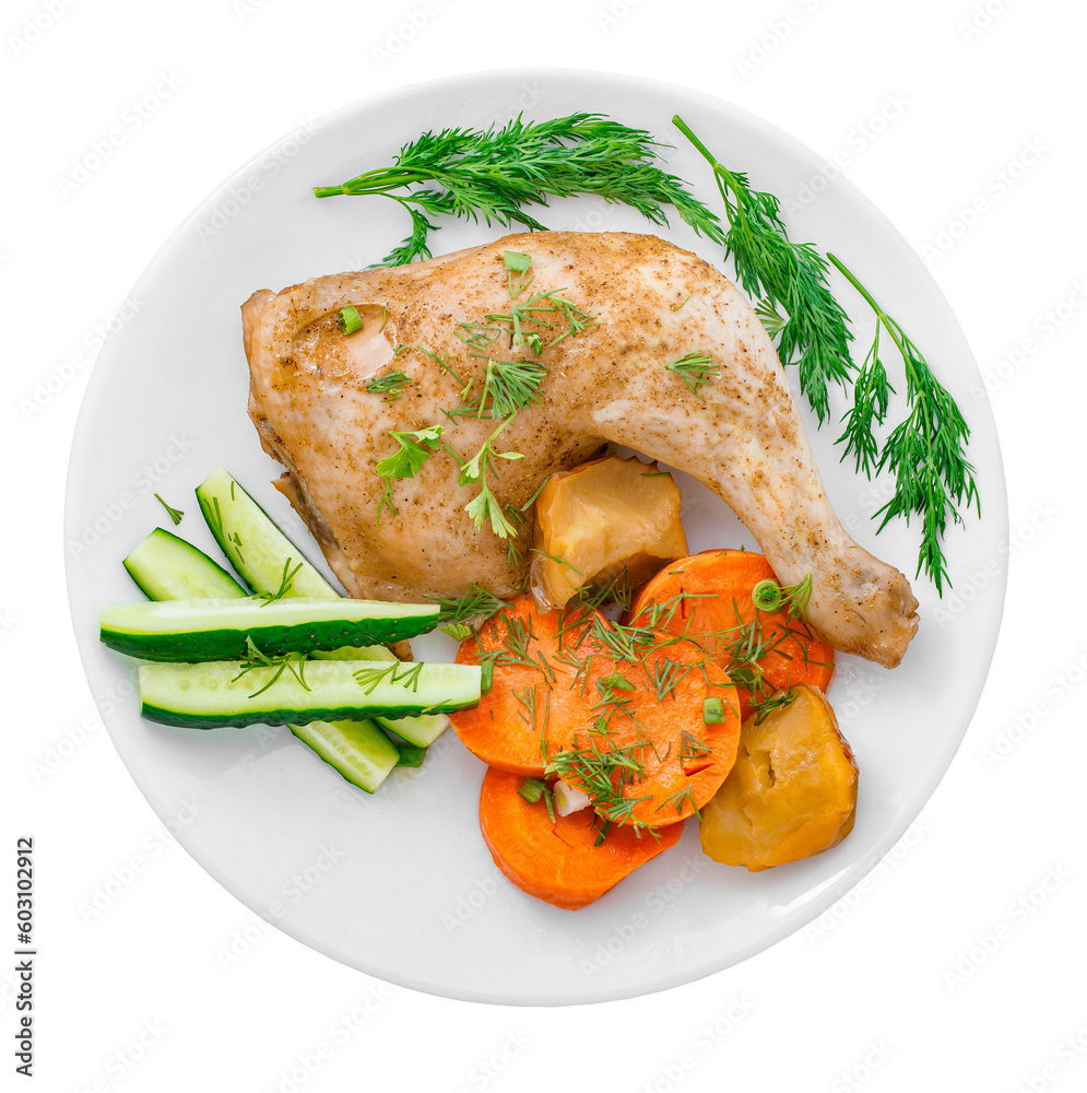 Fried chicken thigh with vegetables on white plate top view, isolated on transparent background . Fried chicken thigh with vegetables on white plate top view, isolated on transparent background .