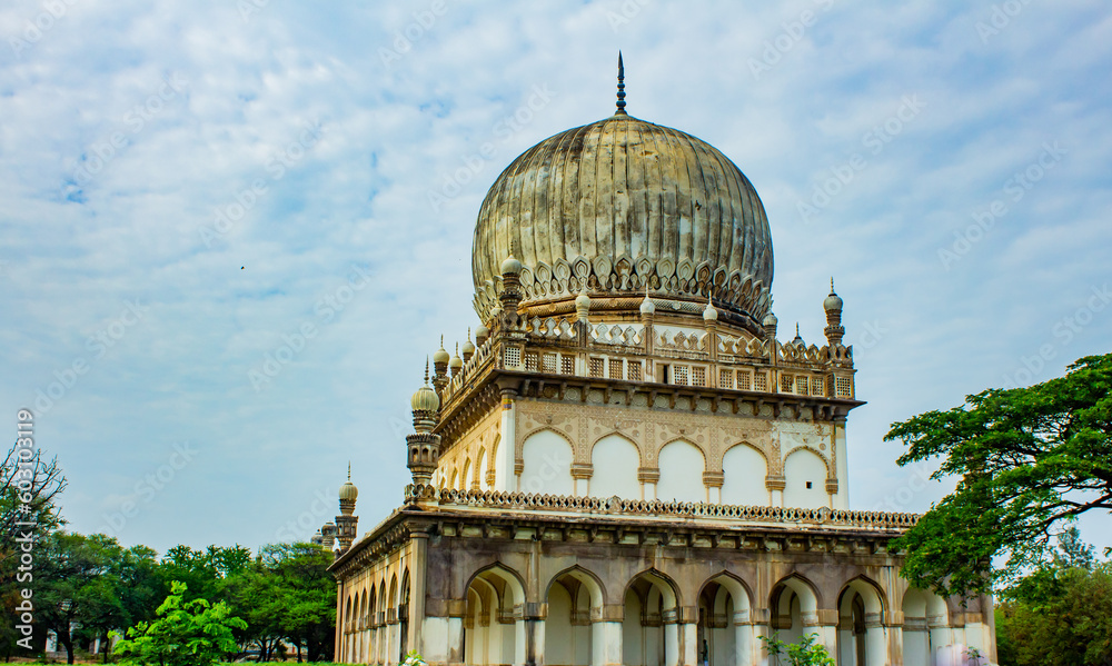 Beautiful historic tomb building in Qutb Shahi Archaeological Park, Hyderabad, India