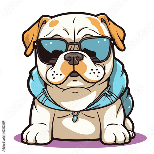 Cute and funny cartoon Bulldog  cool animals in kawaii style wearing sunglasses