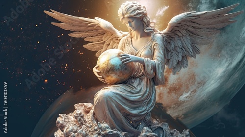 Fotografiet A white bronze angel statue with a contemplative expression, holding a glowing orb in its hands, against a backdrop of an ethereal galaxy filled with swirling colors and distant stars