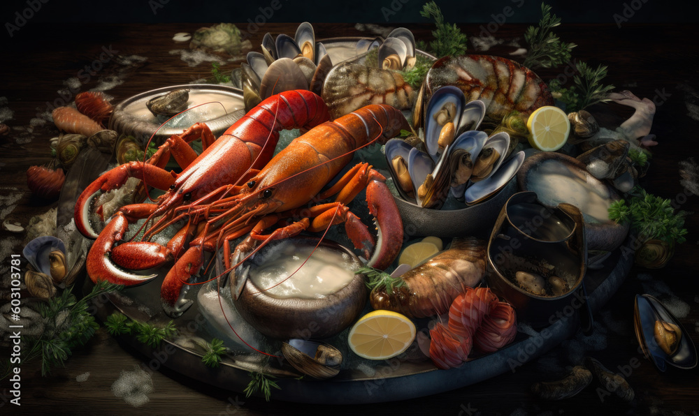 Exquisite Seafood Platter, Lobster, Scallops, Clams, and Shrimp. Generative ai.