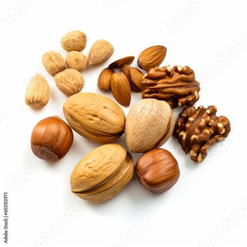 Vibrant set of nuts presented against on white backdrop. Generative ai