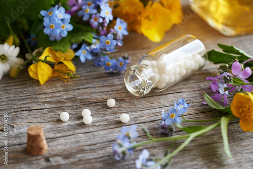 Homeopathic globules with herbs and flowers on a table