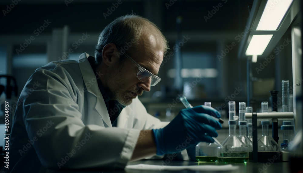 Caucasian scientist examining liquid, analyzing biochemistry discovery generated by AI