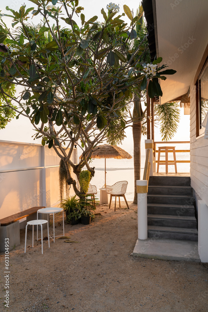 Small Cozy Beachfront Cafeteria In Sunset