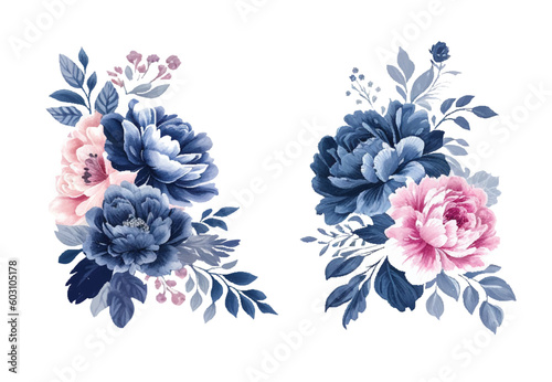 Vintage watercolor blue and pink flowers, isolated and editable vector.