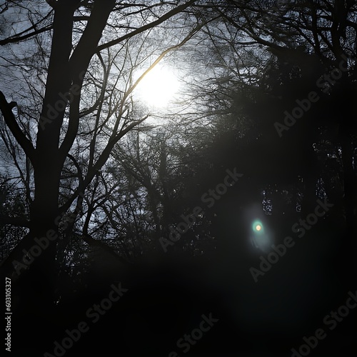 Dark Woodland with Moon Shining Down