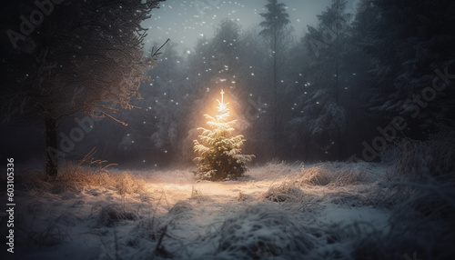 Frosty pine trees illuminate spooky winter night generated by AI