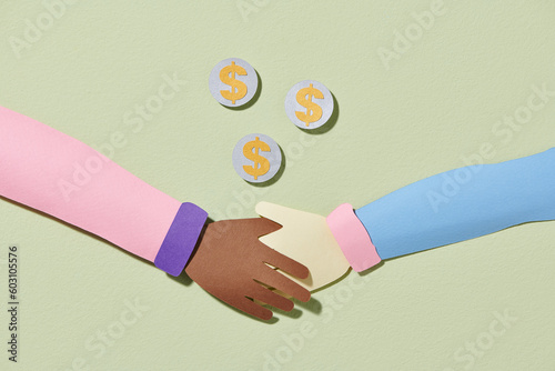 Handshake icon and scattered gold coins