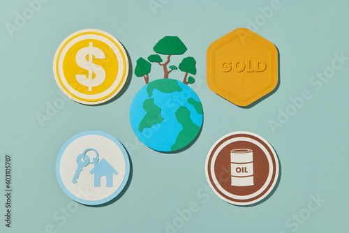 Sustainable business with oil, money, gold, real estate
