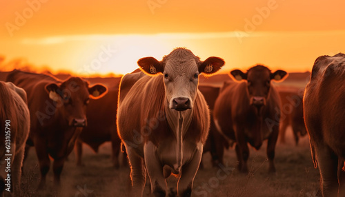 Herd grazing on green meadow at sunset generated by AI