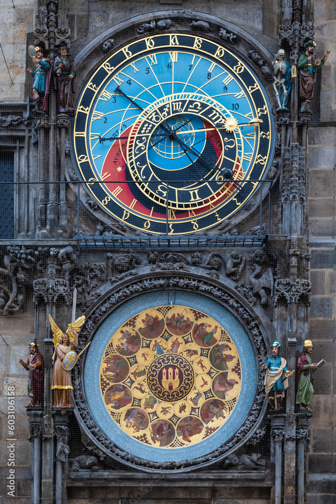 Close-up of the medieval Prague astronomical clock (Prague Orloj, 1410) attached to the Old Town Hall in Prague, the capital of the Czech Republic.