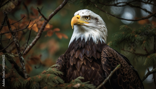 Majestic bald eagle perched on autumn branch generated by AI