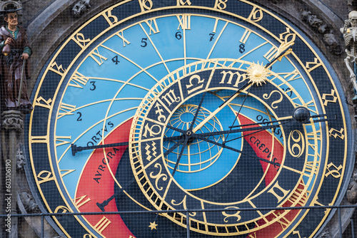 Close-up of the medieval Prague astronomical clock (Prague Orloj, 1410) attached to the Old Town Hall in Prague, the capital of the Czech Republic.
