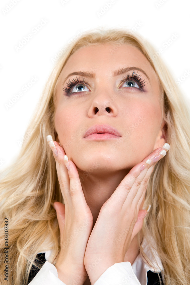 female looking upward on isolated background female looking upward on isolated background