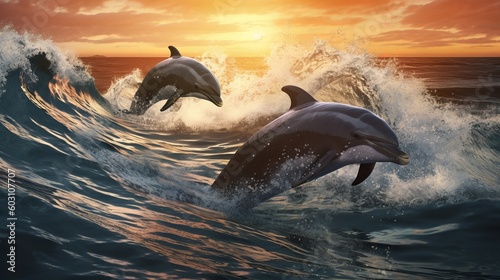 Dolphins jumping over breaking waves. Generative AI
