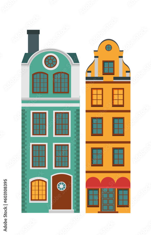 Scandinavian houses. Vector illustration of the old buildings of Stockholm. Isolated on a white background.	