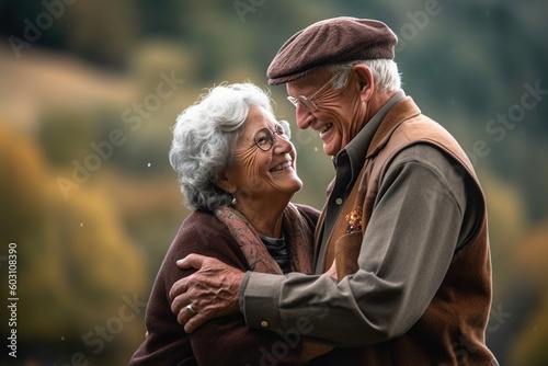 older couple hugging smiling outdoors, french countryside, joyful and optimistic