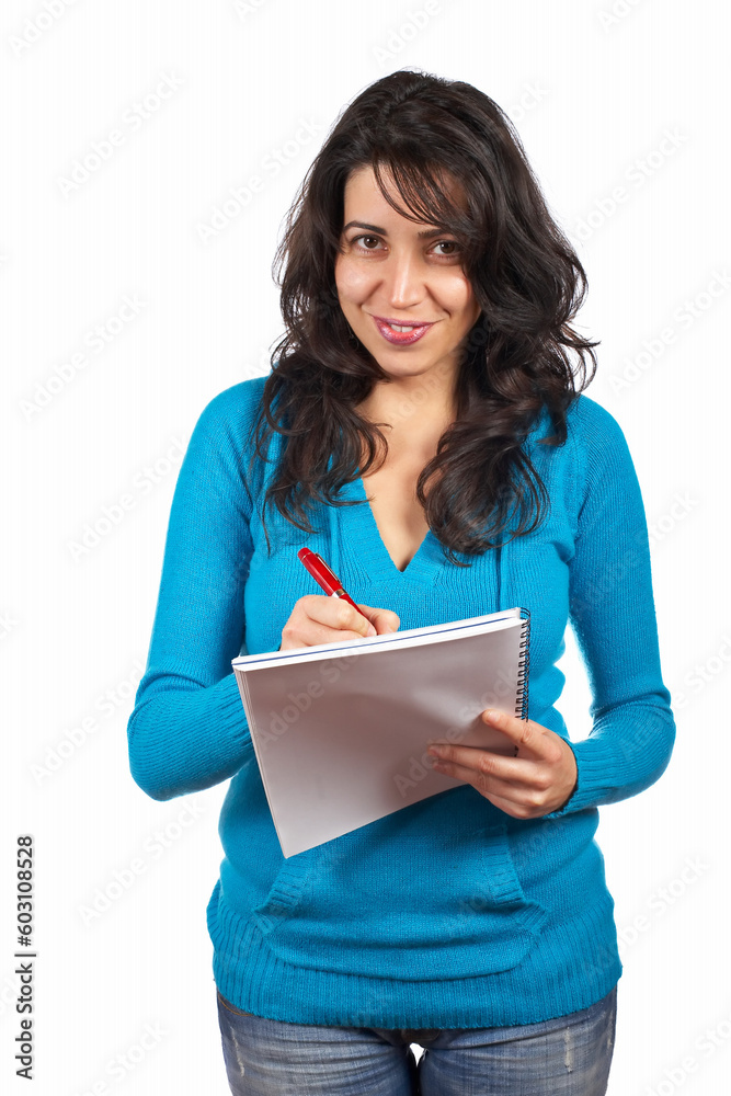 Young student woman writing, isolated on white background Young student woman writing, isolated on white background