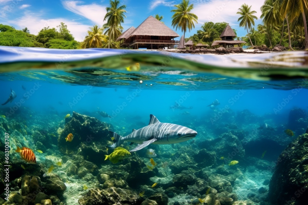 Split view photo of Tropical Island with green palms , Coral Reef, turtle , colorful fish and shark. Generative AI