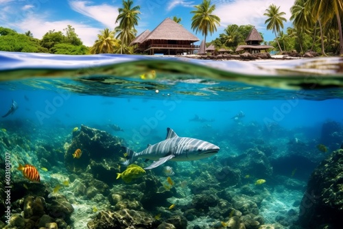 Split view photo of Tropical Island with green palms   Coral Reef  turtle   colorful fish and shark. Generative AI