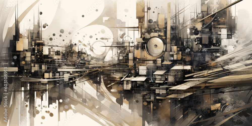 Futuristic city's dark abstract art features high-angle shots of fragmented, organic, and mechanized forms with muted tones and inkblots.