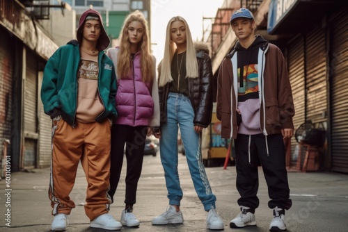 A street-style fashion shoot featuring models wearing trendy urban outfits, including baggy jeans, sneakers, and oversized hoodies, reflecting the fashion influence of hip-hop culture. Generative AI