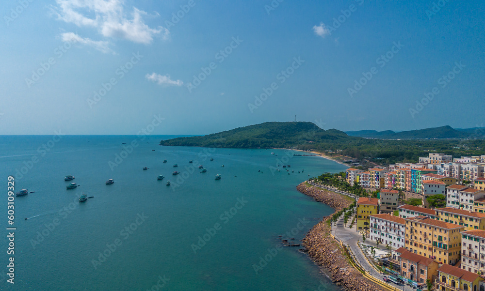 Aerial view of Sunset ghost town in Phu Quoc island, Vietnam. Fast being developed European city copy. Amazing future resort, Kien Giang province