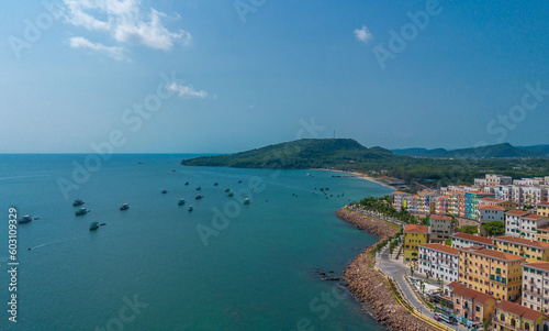 Aerial view of Sunset ghost town in Phu Quoc island, Vietnam. Fast being developed European city copy. Amazing future resort, Kien Giang province