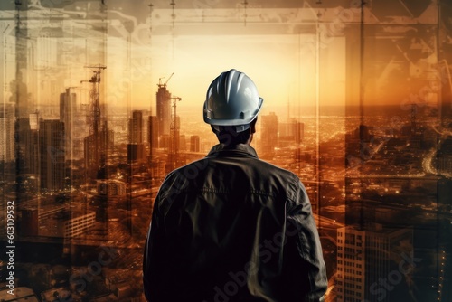 The double exposure image of the engineer standing back during sunrise overlay with cityscape image. The concept construction and future. Generative AI © bluebeat76