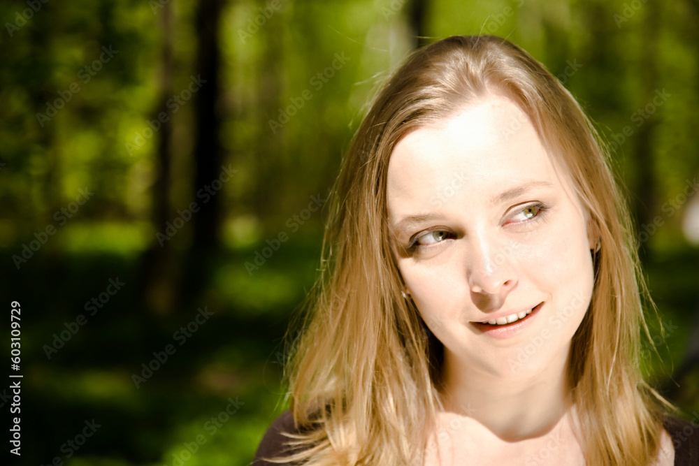 Happy Spring Time. Woman Smiling In The Forest. Happy Spring Time. Woman Smiling In The Forest.