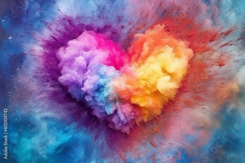 Abstract background with heart in rainbow colors, rainbow explosion powder. Generative AI photo