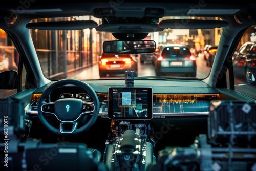 Shot of the self-driving car's sensors and cameras, highlighting the advanced technology that enables autonomous driving. Concept precision and accuracy in self-driving car technology. Generative AI