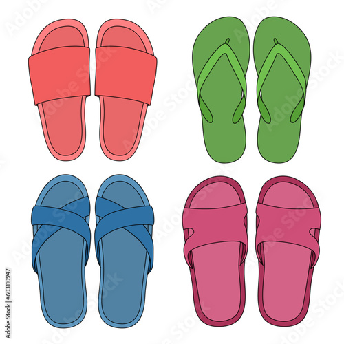 A set of slippers of different colors, shapes and types. Flat illustration. Vector image.