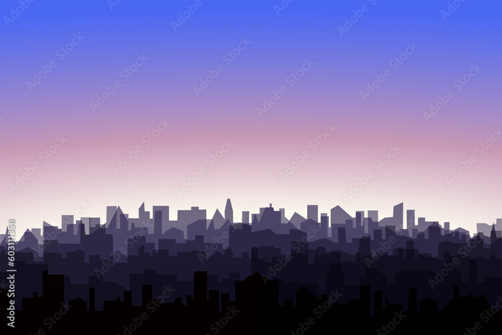 Morning landscape of modern city silhouettes. Cityscape with sunrise. Cityline jpeg illustration