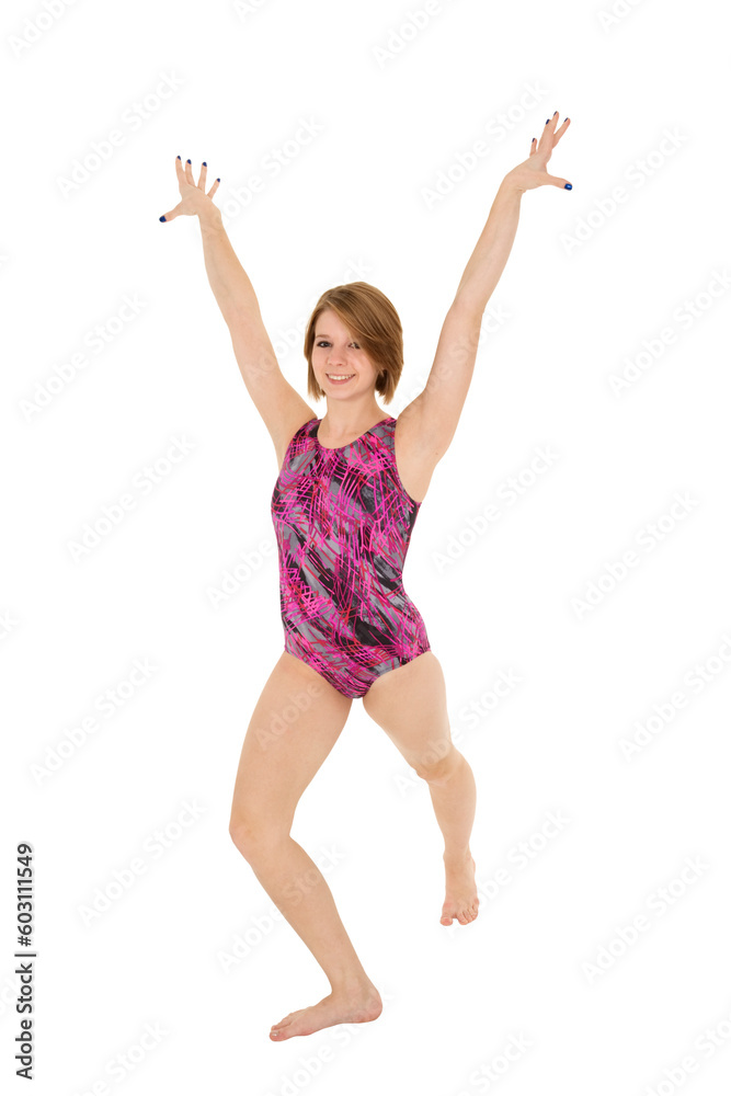 Caucasian teenage girl in gymnastic poses on white background Caucasian teenage girl in gymnastic poses on white background