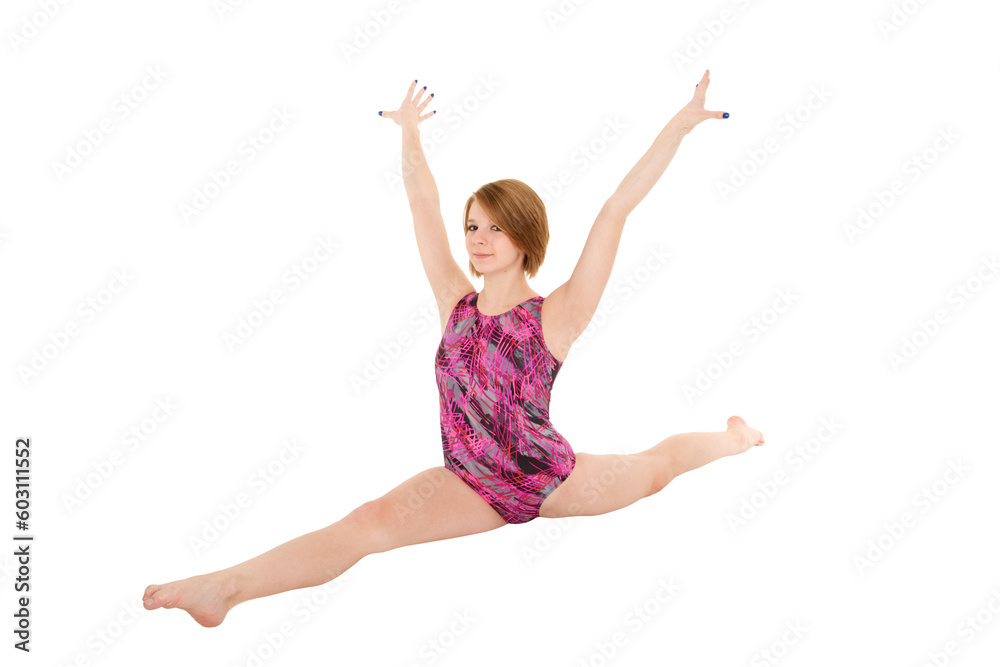 Caucasian teenage girl in gymnastic poses on white background Caucasian teenage girl in gymnastic poses on white background