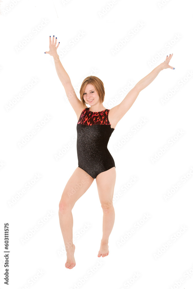 Caucasian teenage girl in gymnastic poses on white background Caucasian teenage girl in gymnastic poses on white background