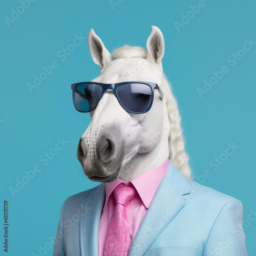 Portrait of white horse wearing business suit with tie and sunglasses. Generative AI art