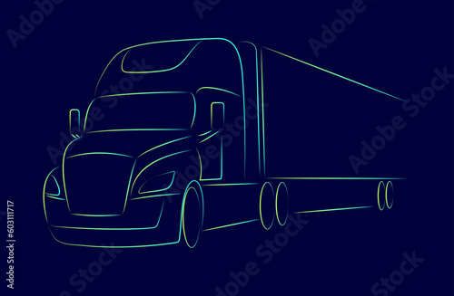 American road train silhouette, outline. Side view of a tractor with a trailer. Vector gradient illustration on a blue background.