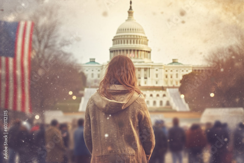 Mujer de espaldas mirando al capitolio con numerosas banderas americanas, ilustracion de IA generativa photo